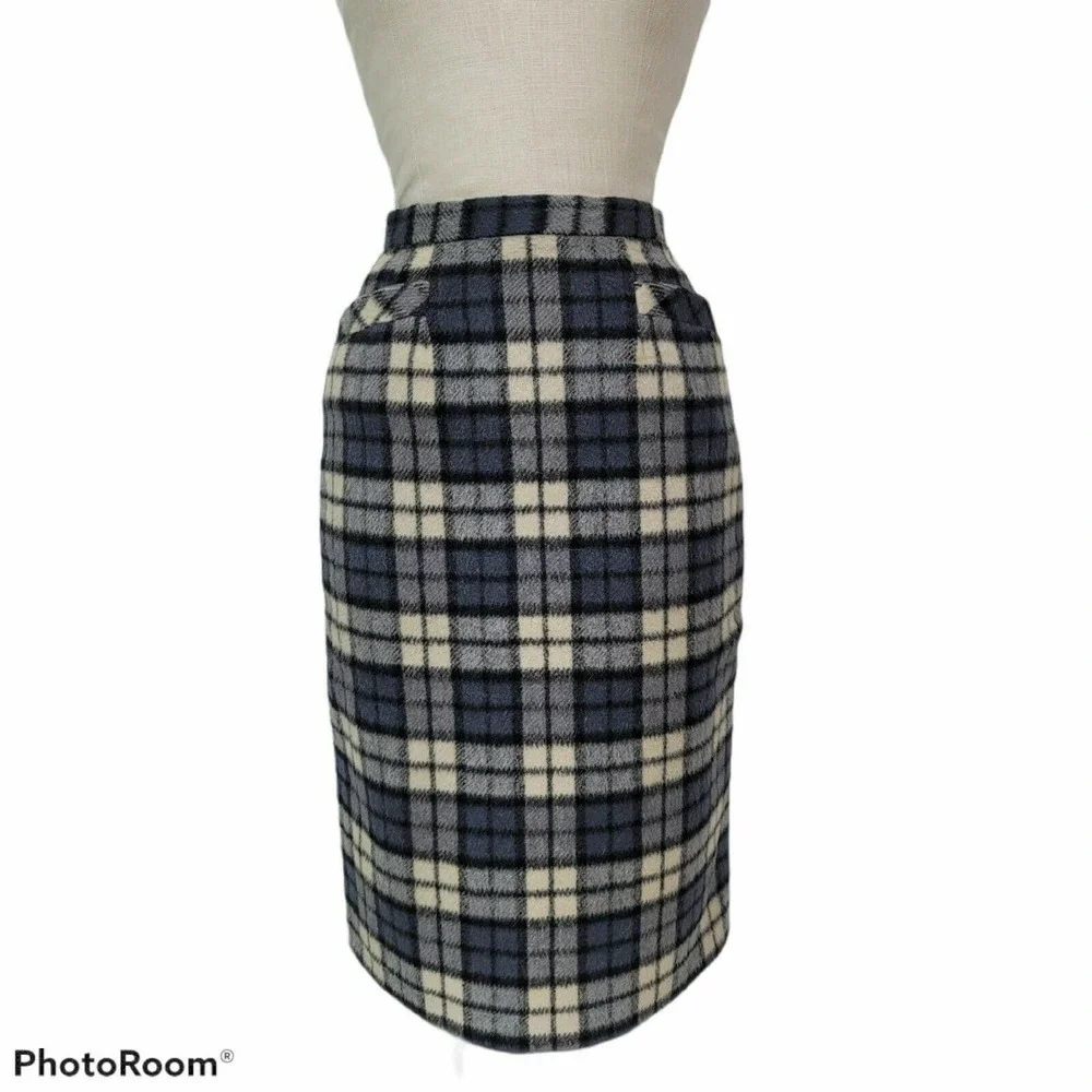 Vintage 50s 60s Wool Plaid Pencil Skirt Hi Waist Lined Winter Mod Preppy Classic